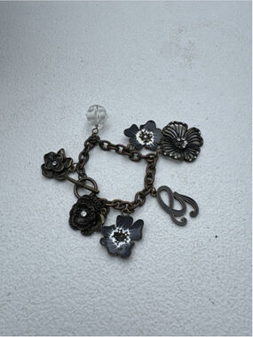 Blacktone Flower Charm Bracelet Enamel Rhinestone Faux Crystal Whimsey Goth